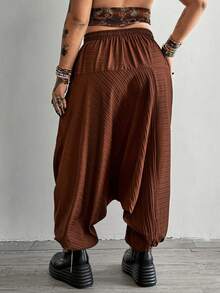 Whyspr Plus Size Casual Solid Color Drop-Crotch Pants - Brown - View 2