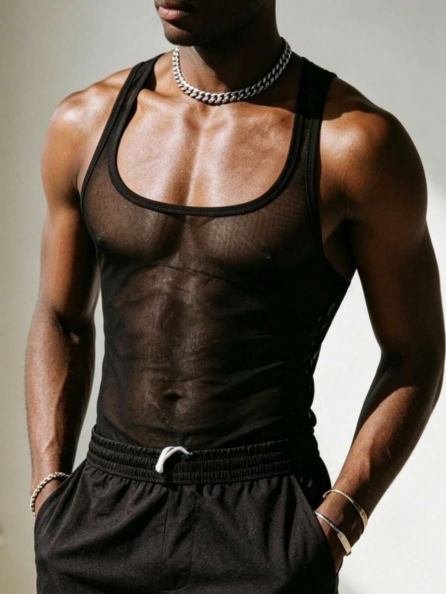 Manfinity Dauomo Men's Sexy Sheer Mesh Tank Top, Summer - Black - View 1