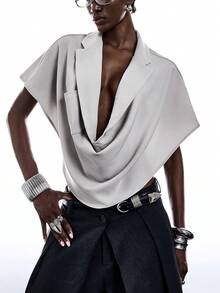 LYSMO Chaqueta blazer suelta de solapa de moda de verano para mujer - Gris - Ver 3