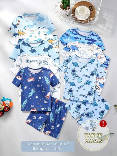 [2 Sets/8 Sets Random] Toddler Boys' Astronaut, Dinosaur, Shark Cartoon Print Knit Elastic Soft Comfortable Short Sleeve T-Shirt And Shorts 4-Piece Pajama Set, Cute And Fun For Summer, Can Be Worn Outdoors
