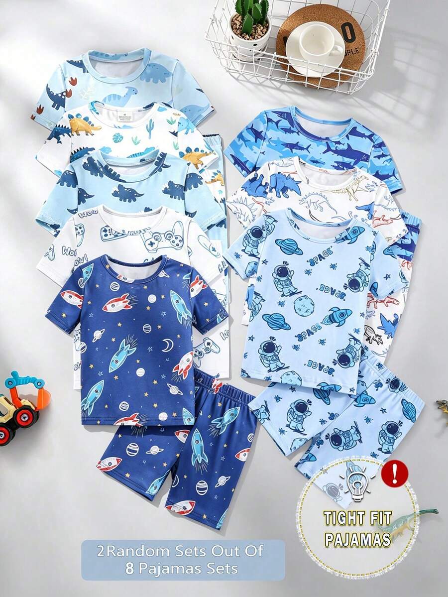 【2套/8套随机】幼儿男童宇航员、恐龙、鲨鱼卡通印花针织弹力柔软舒适短袖T恤和短裤四件套睡衣,可爱又有趣,适合夏季穿着,可户外穿着 - 藍色 - 查看 1