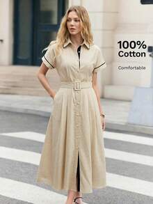 BizChic Women's Mid-Length Dress With Lapel Collar, Japanese Style Buckle Belt, Side Pockets, Single-Breasted Front Opening, Elegant Casual For Party, Date, Wedding Guest, Vacation, Independence Day, Graduation Season, Music Festival, Slimming, Versatile, High-End Summer - White - View 3