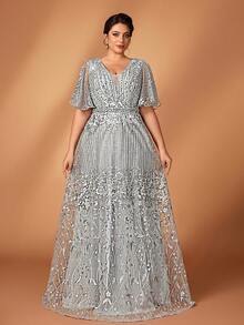 Serin Đầm cưới dáng chữ A sang trọng, tay bồng, màu xám, cỡ lớn, đính sequin và kim sa lấp lánh, phù hợp cho đám cưới, tiệc tùng, các dịp trang trọng, hoặc dành cho mẹ cô dâu. - Xám - Xem 8