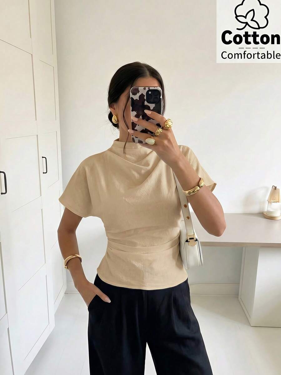 Firerie Áo kiểu nữ màu mơ, chất liệu sợi tre, vải lanh, phù hợp cho mọi mùa, cổ nhăn, tay áo bất đối xứng, xếp ly bên hông và thắt eo. - Màu be - Xem 1