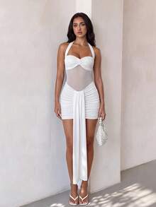 SHEIN Glamour Đầm ôm sát màu trắng cổ yếm ren, đầm lưới xuyên thấu gợi cảm ôm eo, đầm dự tiệc cho các cô gái nóng bỏng, trang phục đi hộp đêm, đầm dự tiệc, đầm hẹn hò lãng mạn, phong cách nghỉ mát thường ngày, trang phục lễ Phục Sinh cho nữ, phong cách thường ngày và thanh lịch. - trắng - Xem 6