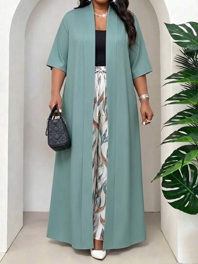 SHEIN Lady Plus Size Women's Solid Color Cardigan And Leaf Print Wide Leg Pants Casual 2-Piece Set