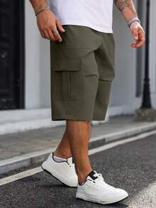 Manfinity Homme Pantalones cargo capri casuales de talla grande para hombres con cintura con cordón, versátiles para uso diario - Gris - Ver 4