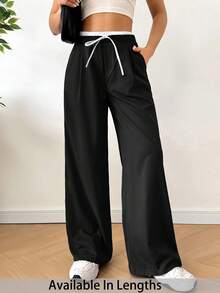 SHEIN Tall CURVE 大码女式抽绳腰带口袋休闲裤，日常百搭 - 黑與白 - 查看 1