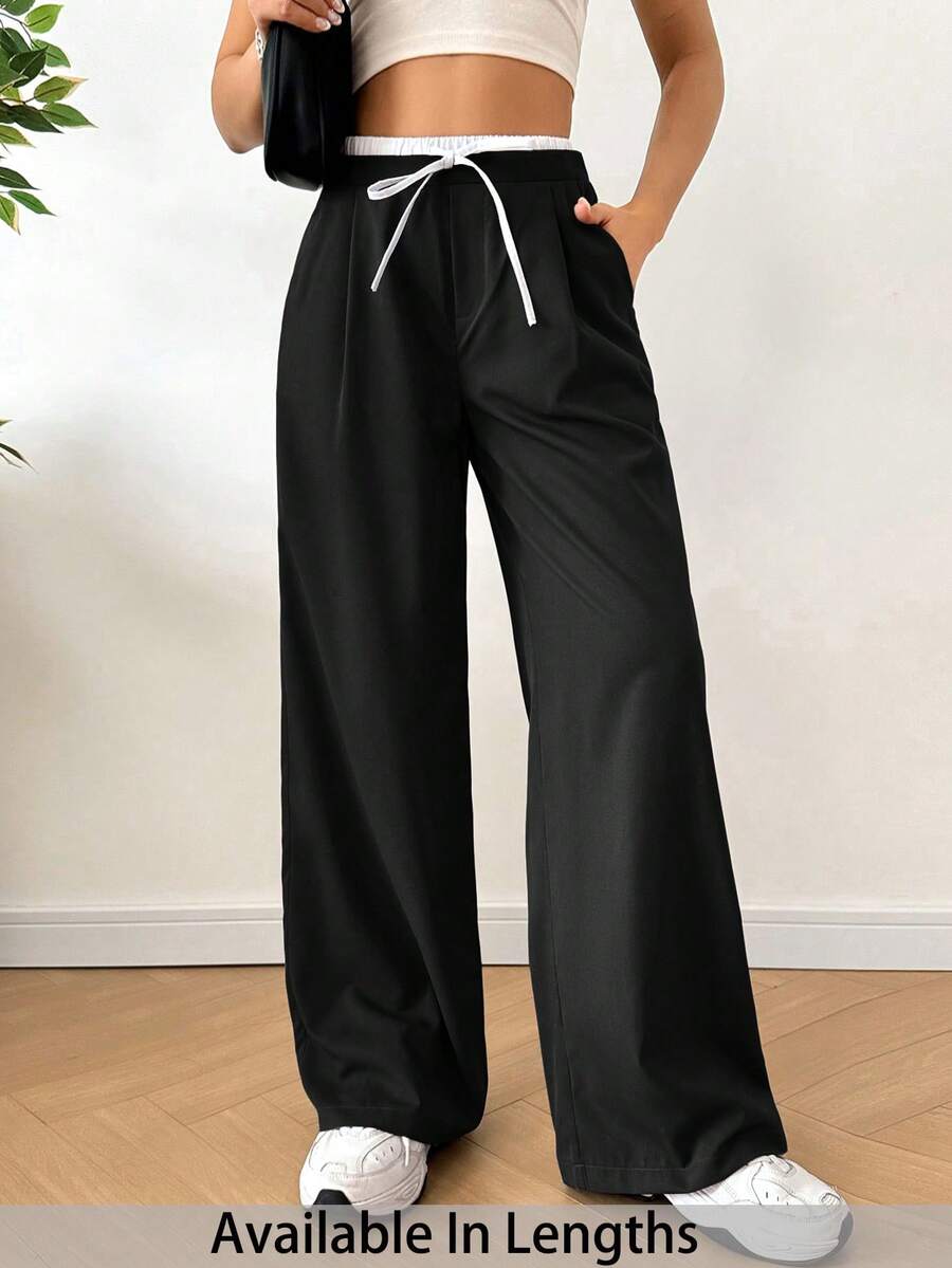 SHEIN Tall CURVE 大码女式抽绳腰带口袋休闲裤,日常百搭 - 黑與白 - 查看 1