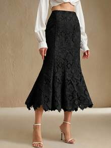 Anewsta Women's Fashionable And Elegant Patchwork Design Hollow-Out Lace Skirt - Black - View 7