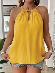 EMERY ROSE Plus Size Fashionable Apricot Spaghetti Strap Casual Loose Slimming Camisole With Sexy Shoulder Strap Design, Elegant For Women - Yellow - View 4