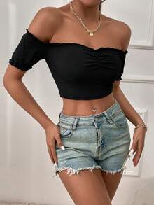 SHEIN Holidaya Women's Solid Color Off-Shoulder Ruched Fitted Casual T-Shirt - Black - View 5