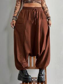 Whyspr Plus Size Casual Solid Color Drop-Crotch Pants - Brown - View 6