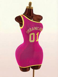 Bumpella Autumn Letter Print Contrast Color Asymmetrical Shoulder Sheer Mini Dress For Women Club Night Pink Yellow Sexy - Pink - View 6