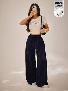 SHEIN PETITE Pantalones blancos de algodón 100% lavados, de estilo minimalista básico bohemio, para conciertos de verano, salidas y playa - Azul Marino - Ver 7