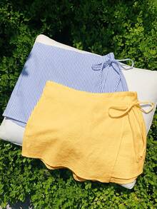 Comfortcana 2pcs/Set Plus Size Women's Summer Casual Linen Bow Striped Skirt Pants And Yellow Drawstring Wrap Shorts Set, Suitable For Beach Holiday - Multicolor - View 3
