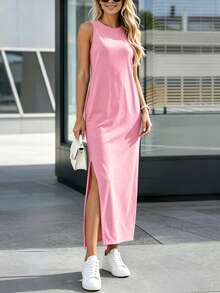 INAWLY Summer Casual Solid Color Side Slit Dress - Pink - View 4