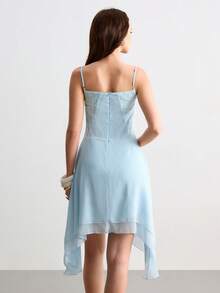 CielaLinda Đầm hai dây nữ bằng chiffon phối ren, vạt bất đối xứng - Màu xanh nhạt - Xem 2