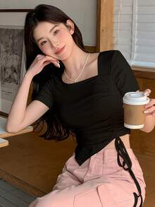 DAZY Women's Summer Solid Color Asymmetrical Neckline Drawstring Hem Casual T-Shirt Cute Tops Going Out Tops - Black - View 6