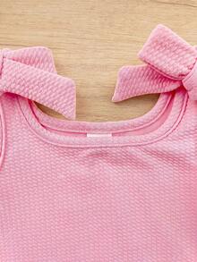 2pcs/Set Cute Summer Knitted Solid Color Bow Tie Romper For Baby Girl - Baby Pink - View 3