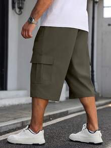 Manfinity Homme Pantalones cargo capri casuales de talla grande para hombres con cintura con cordón, versátiles para uso diario - Gris - Ver 2