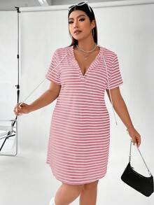 Vionelle Ribbed Hooded Drawstring Casual Dress, Plus Size - Pink - View 3