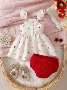 SHEIN Conjunto de 2 piezas de vestido con volantes y cubrepañal con estampado de cerezas dulces para bebé recién nacido en verano - Rojo - Ver 2