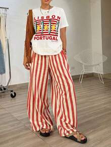 INAWLY 2pcs Vacation Style Colorblock Fish Print Round Neck Wide Leg Pants Set For Women - Multicolor - View 1