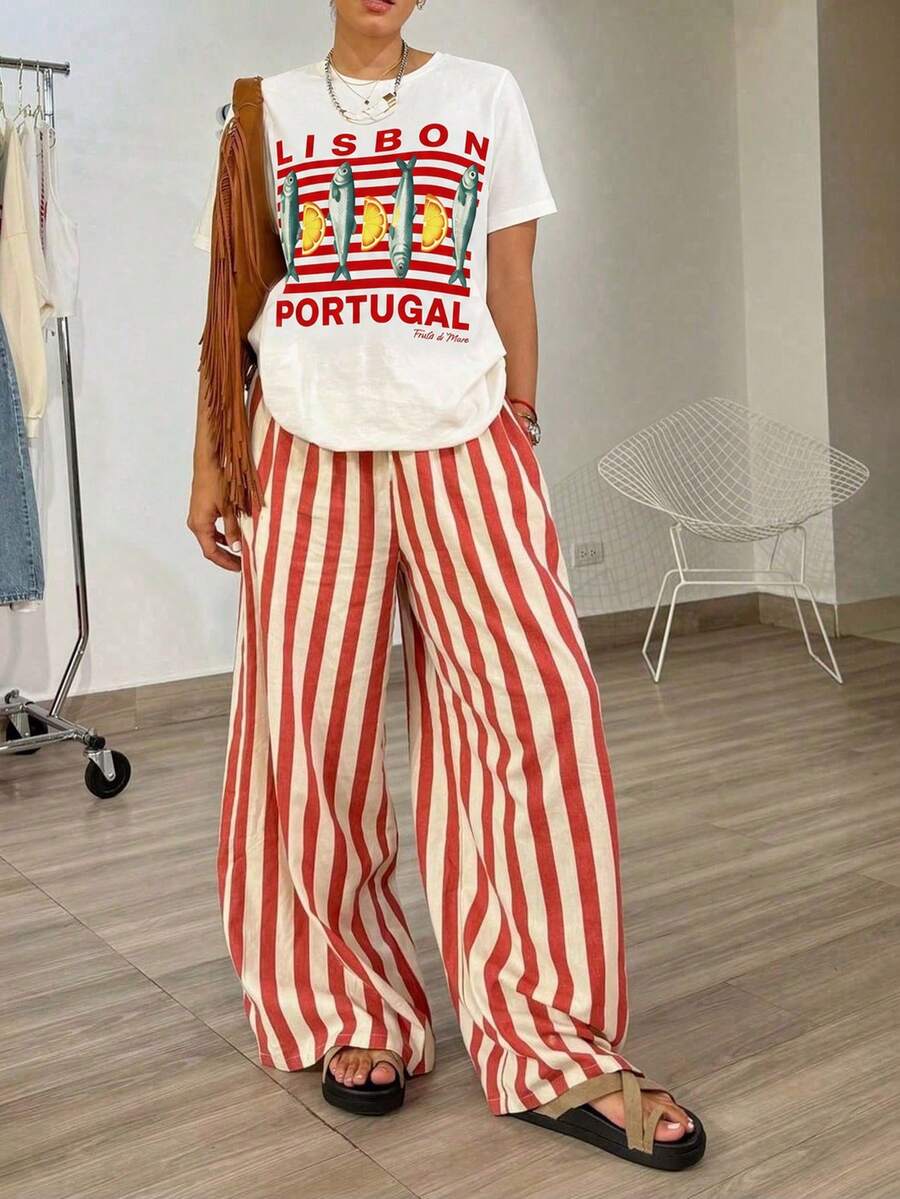 INAWLY 2pcs Vacation Style Colorblock Fish Print Round Neck Wide Leg Pants Set For Women - Multicolor - View 1