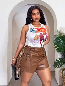 Slaydiva Plus Size Chocolate Brown PU Fabric Super Short Shorts,Nomadic Solid Hollow Lace-Up Tassel Patchwork Decor Street Style Kawaii Rave Autumn Chic - Brown - View 7