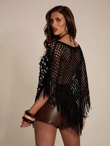 SHEIN BAE Khăn choàng dáng bất đối xứng khoét rỗng, đính sequin tua rua, phong cách bãi biển mùa xuân/hè. - màu đen - Xem 2