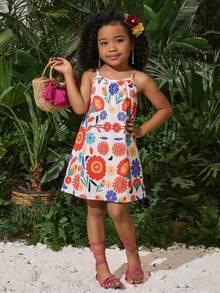 SHEIN Vestido de tirantes de tela tejida con estampado floral para niña, adecuado para uso diario en verano, salidas, viajes, vacaciones y fiestas - Multicolor - Ver 11