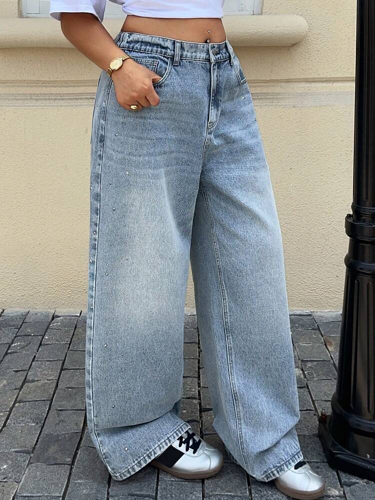 Dazy Plus Plus Size Women's Casual Loose Straight Leg Jeans With Side Rhinestone Decor, Spring/Summer