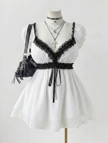 Sunspun Plus Size Women Contrast Lace Tie Waist Short Puff Sleeve Blouse - White - View 1