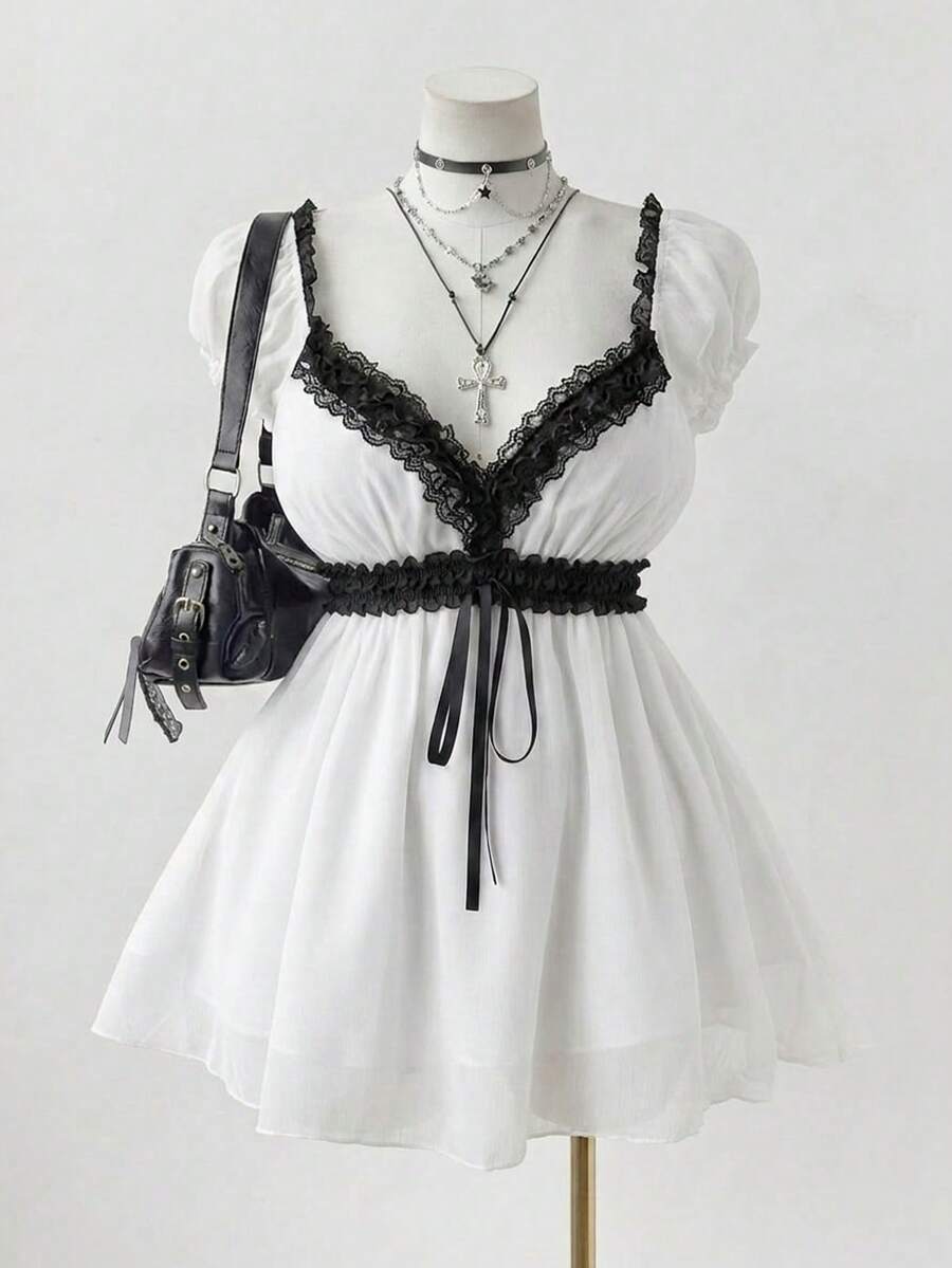 Sunspun Plus Size Women Contrast Lace Tie Waist Short Puff Sleeve Blouse - White - View 1