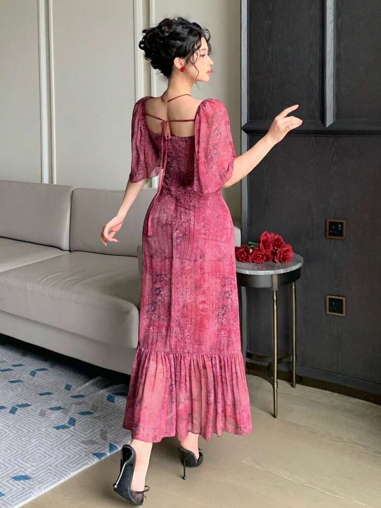 Elegant Square Neck Flare Sleeve Midi Dress, Burgundy, Spring/Summer