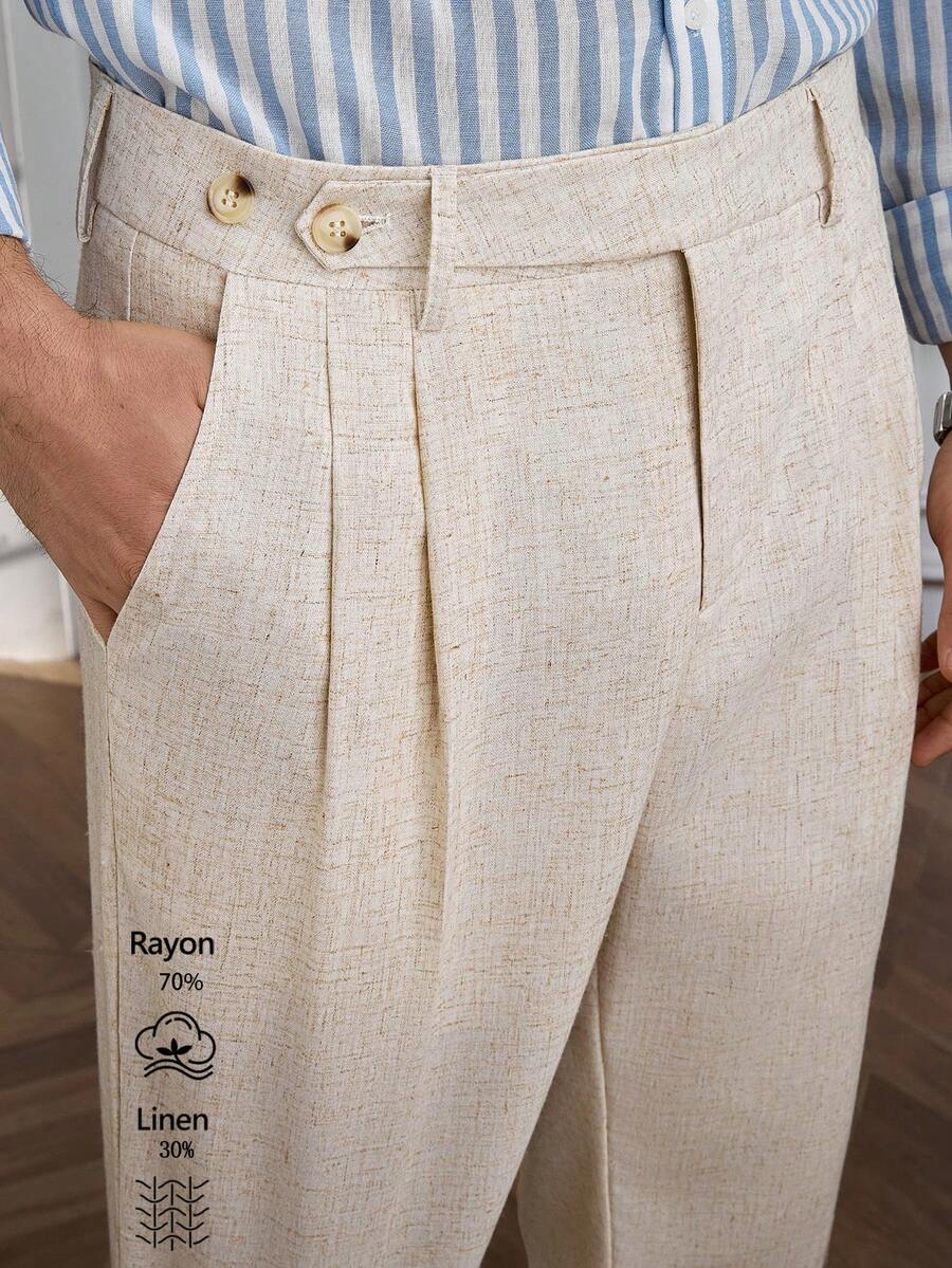 Core Aspect Men's Solid Color Linen Casual Business Pants With Belt Loops And Zipper, Ankle Length