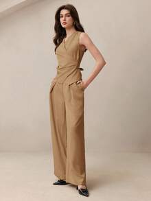 BizChic Sleeveless Wrap Vest & Trousers Suit Set, Business Formal, Vacation Style, Slouchy Chic, Commute, Date, Daily, Office, Independence Day, Graduation Season, Music Festival, Slimming, Elegant, Versatile, Summer, Party, Wedding Guest, Outing, Beach, Gathering, Social, Holiday, Shopping, Afternoon Tea, Travel, Minimalist - Brown - View 3