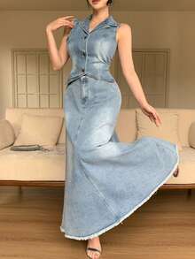 DAZY Bộ đồ nữ gồm áo khoác denim không tay và chân váy dài, kiểu dáng thường ngày, thích hợp cho mùa xuân/hè. - Màu xanh lam - Xem 8