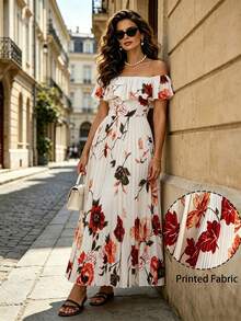 Modelyn Đầm nữ in hoa, trễ vai, xếp ly bồng bềnh, thanh lịch, lãng mạn, dáng chữ A, kiểu dáng nghỉ mát. - Nhiều màu - Xem 5