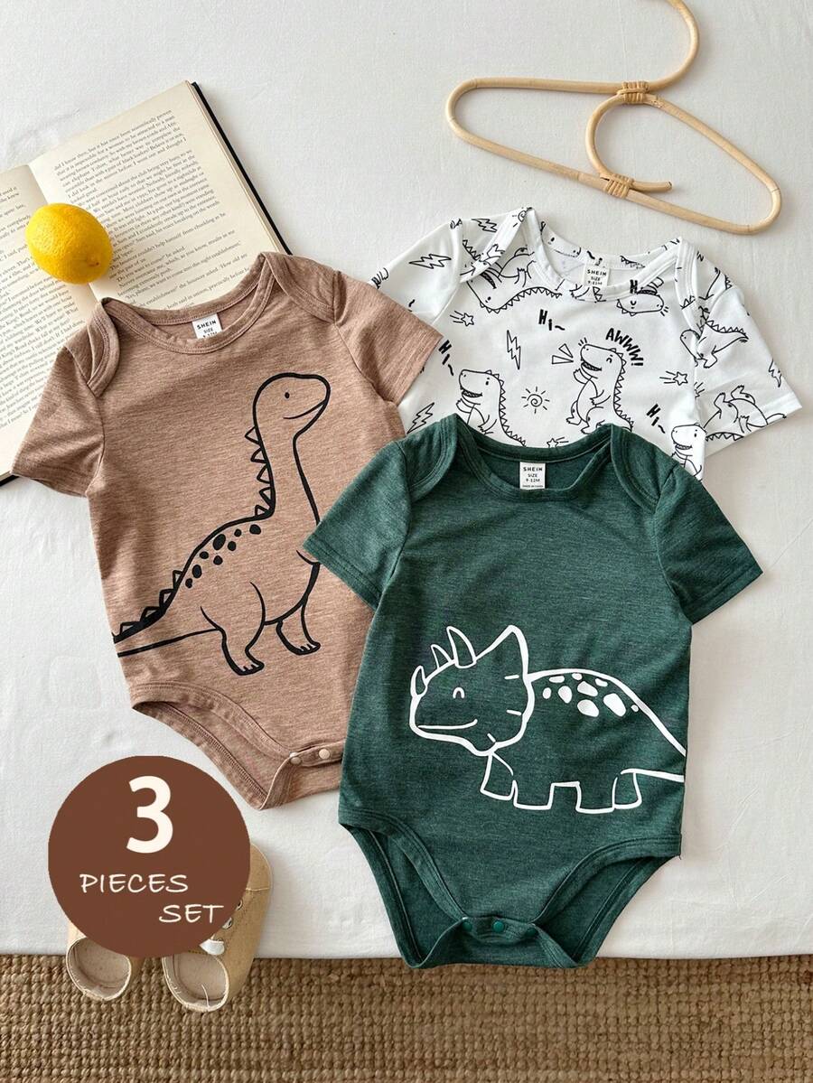 LMoss Kids 3pcs Baby Boy Knitted Solid Color Dinosaur Pattern Round Neck Casual Romper Set - Multicolor - View 1