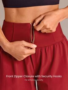 GLOWMODE VitalSwift Tummy Control High-Waisted A-Line Shorts With Built-In Shorts Contrast Zipper Pocket Casual Gym Summer Quick Dry - Maroon - View 5