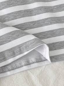Tseoso 94% Cotton Casual Minimalist Style Gray & White Striped Cropped Fitted T-Shirt, Versatile For Spring/Summer,Summer Top - Grey - View 4
