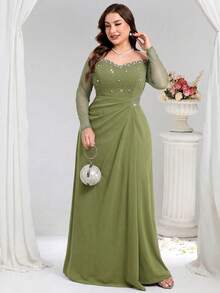 Coutiva Plus Size Beaded Off-Shoulder Formal Evening Gown - Olive Green - View 3