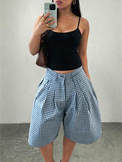 SHEIN PETITE 女士宽松休闲格子七分裤，带口袋，适合春夏穿着