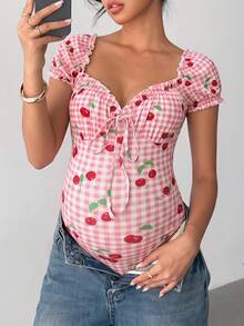 SHEIN Mono informal con estampado de cuadros y cerezas con lazo delantero para uso diario de mujeres embarazadas - Rosa - Ver 2