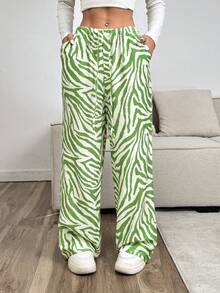 SHEIN Tall CURVE 大码女式豹纹字母贴花口袋阔腿休闲裤 - 綠色 - 查看 8
