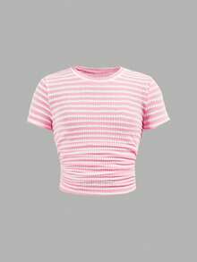 SHEIN Tween Girls' Casual Yellow White Striped Tank Top And Shorts Set,Comfortable&Minimalist Two Pieces Short Summer Clothes - Pink - View 3