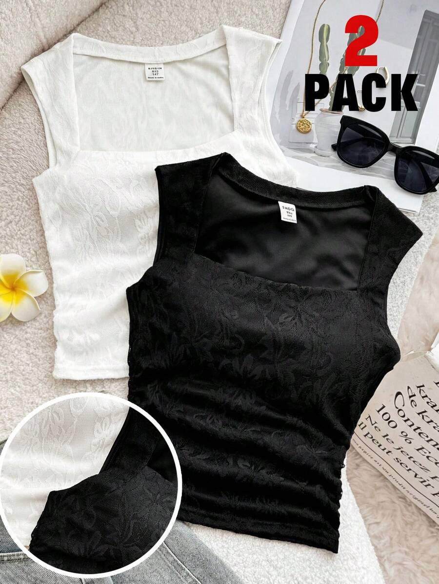 Set de 2 piezas de top corto sin mangas con cintura fruncida de tela de encaje de punto elegante y dulce en negro y blanco para adolescentes - Blanco y Negro - Ver 1