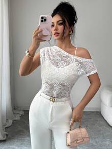 Elenzga Damen minimalistische einfarbige plissierte asymmetrische Schulter Spitzenbluse, Sommer - Weiss - Übersicht 6